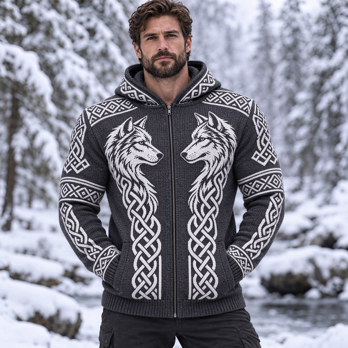 Men's Retro Viking Celtic Wolf Art Zip-up Cozy Hooded Sweater