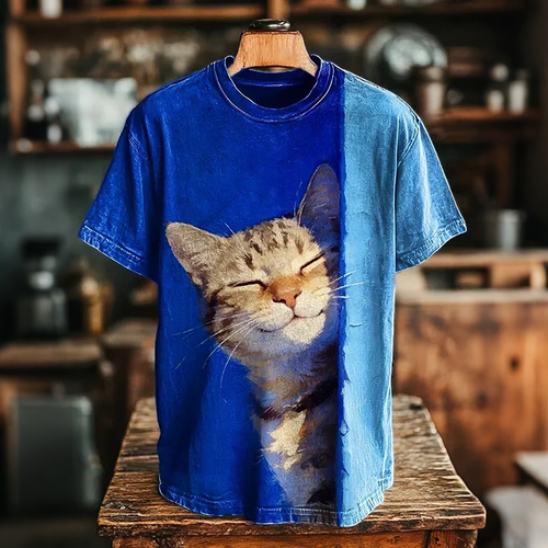 Men's Cat Looking Art Print Crew Neck Short Sleeve Casual T-shirt