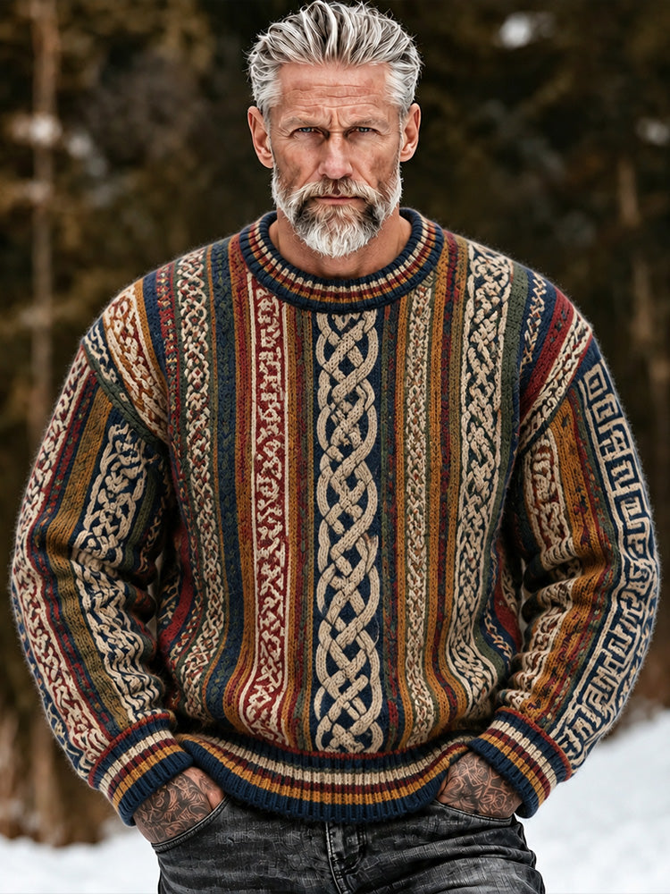 Men's Vintage Colorful Viking Celtic Knot Art Jacquard Warm Crew Neck Sweater