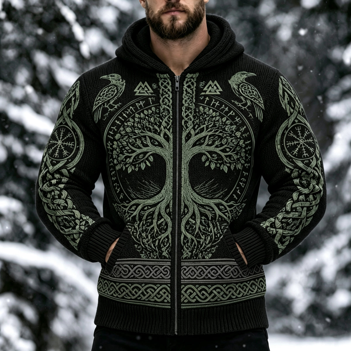 Men's Retro Viking Tree Of Life Celtic Knot Print Sweater Jacket