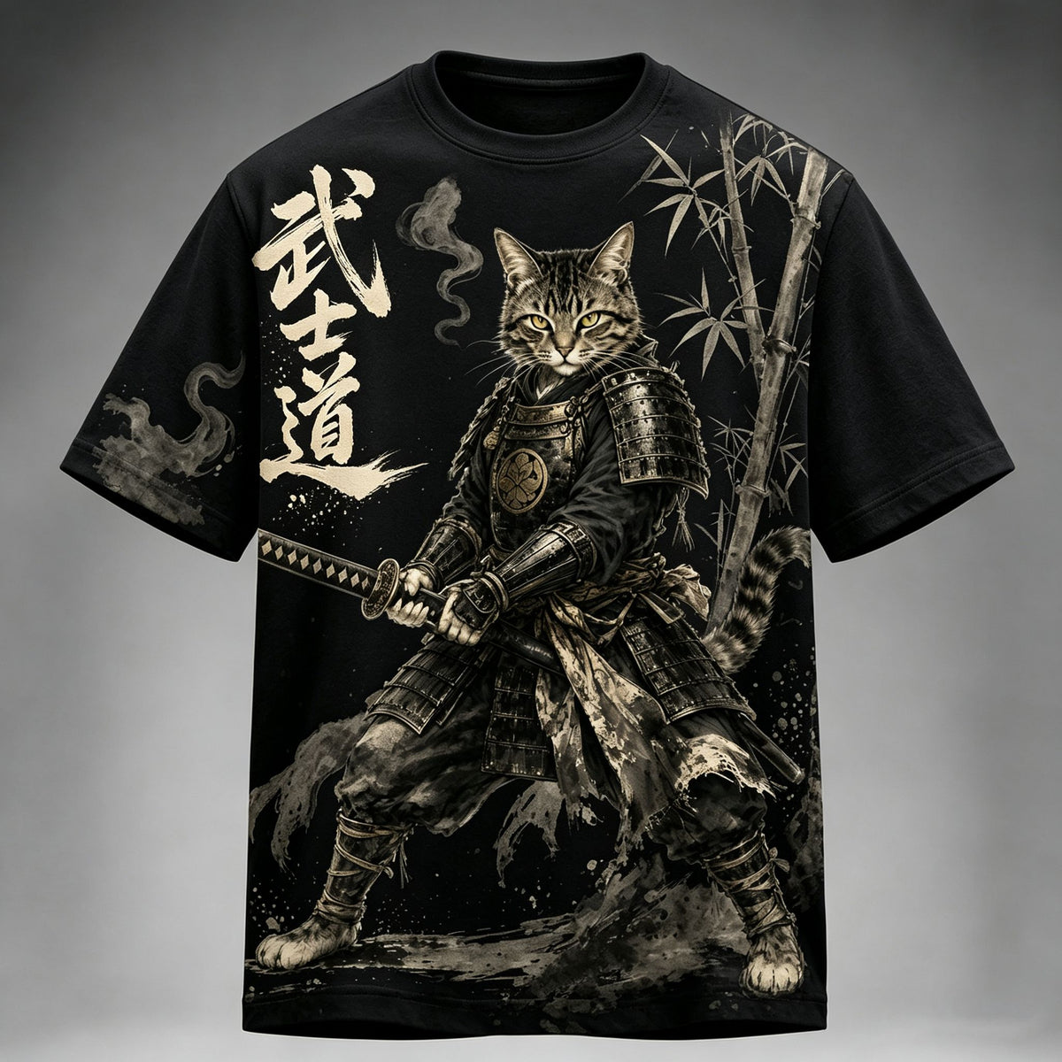 Men's Retro Japanese Cat Samurai Art Print Short Sleeve T-shirt