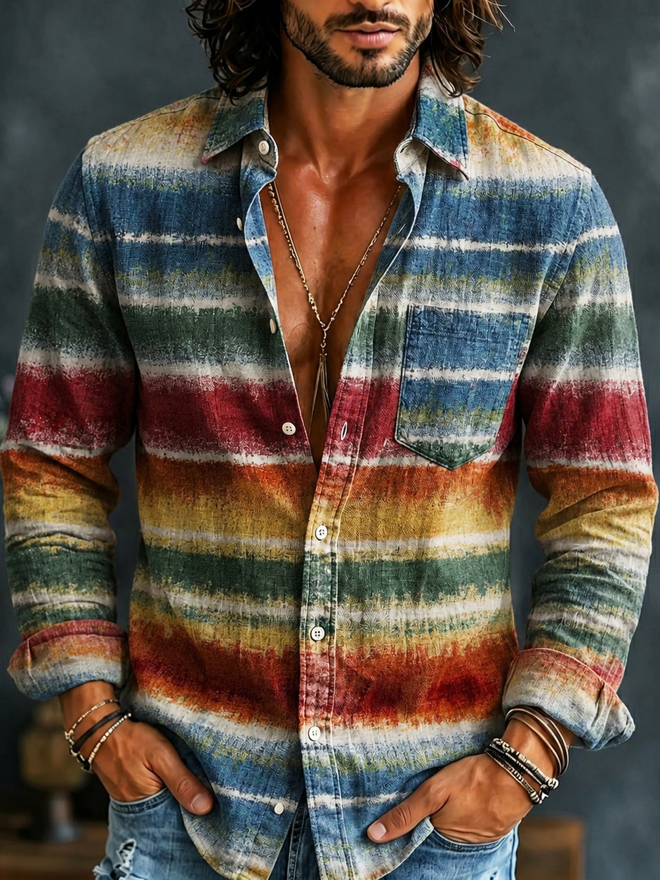 Men's Vintage Contrast Stripe Print Linen Blend Pocket Shirt
