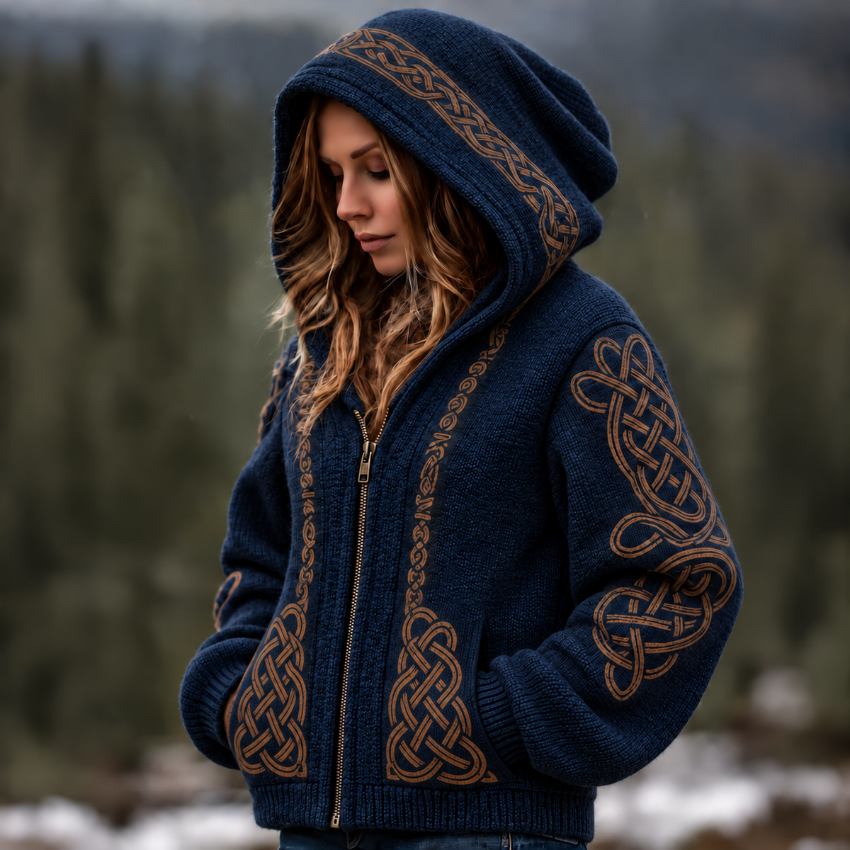Women's Vintage Viking Celtic Knot Cozy Warm Knitted Jacquard Hooded Sweater