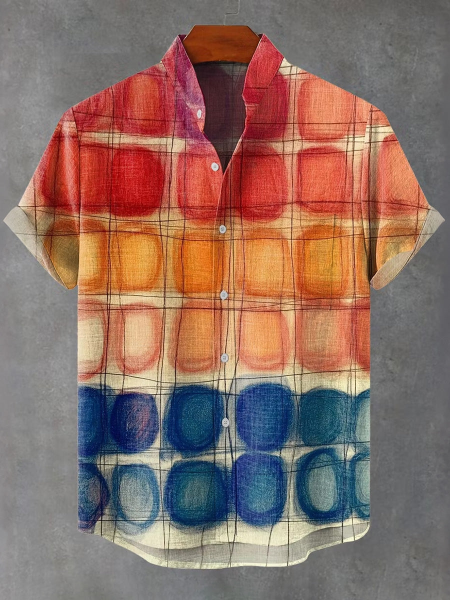 Men's Vintage Geometric Color Blocking Pattern Design Linen Blend Short-sleeve Shirt