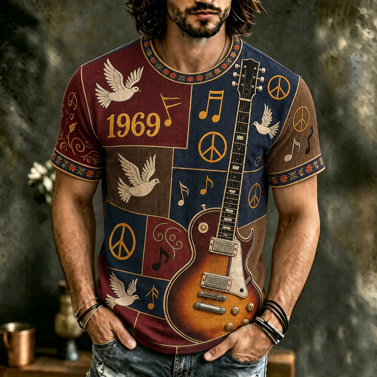 Men's Hippie Music Guitar Pattern Patchwork Print T-shirt