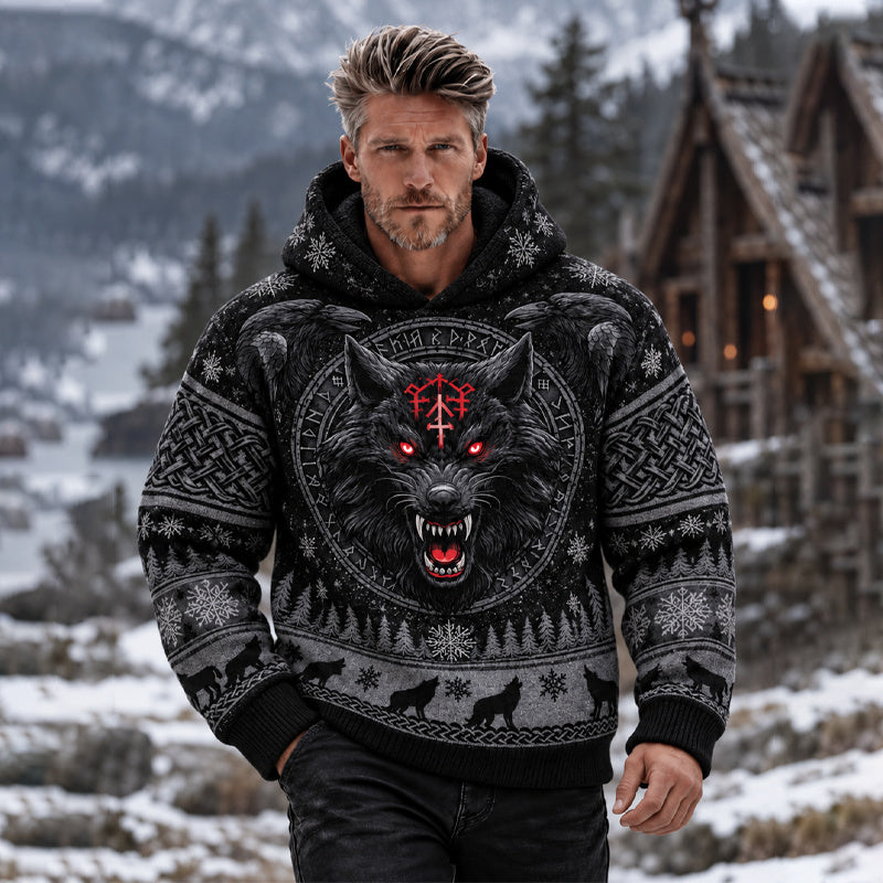 Men's Vintage Viking Nordic Rope Knot Wolf Raven Print Hoodie