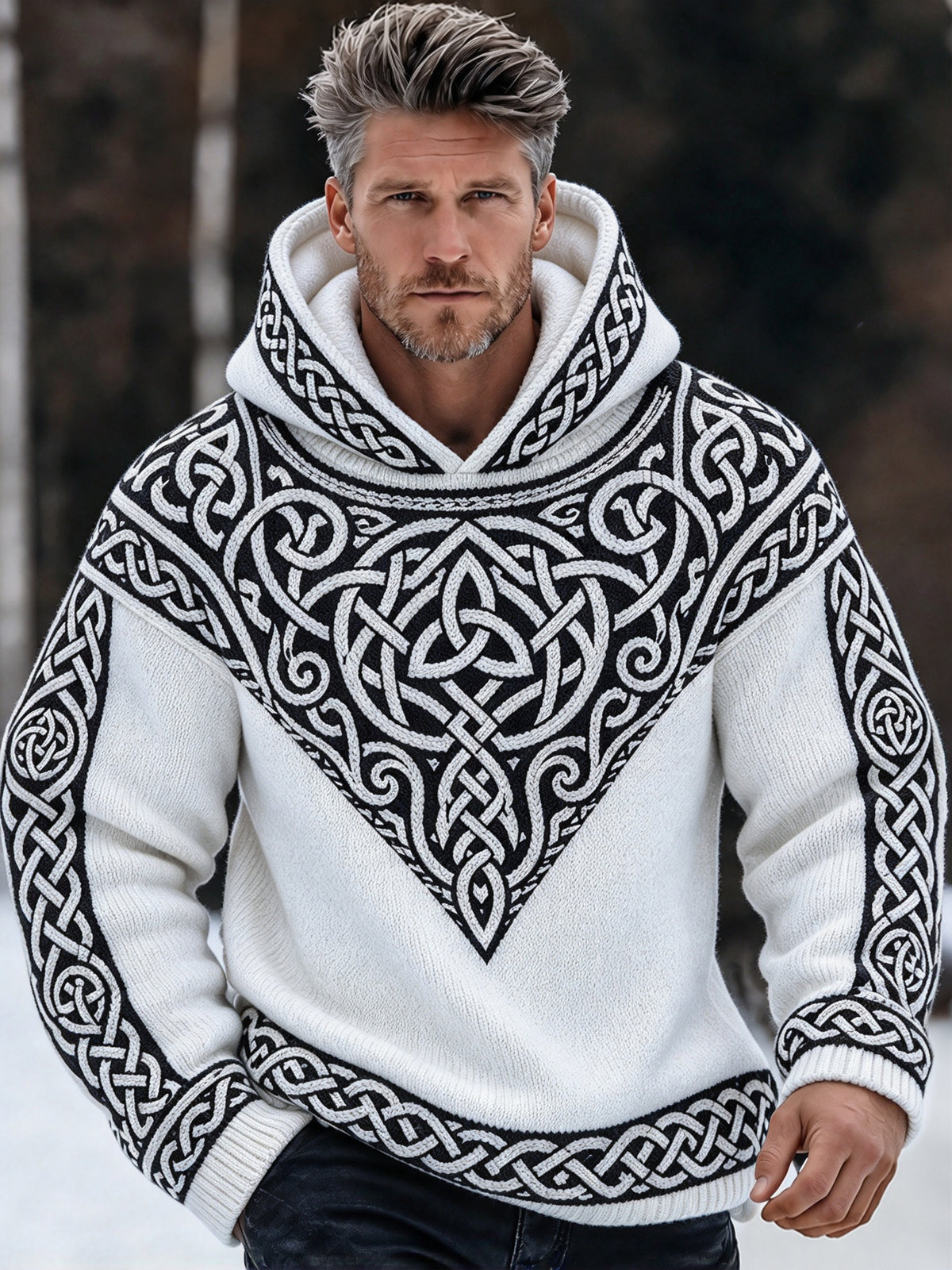 Men's Retro Viking Tribal Celtic Printed  Knit Hooded Sweater