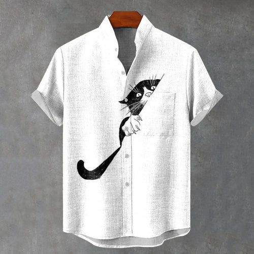 Men's Black Cat Hiding Print Short Sleeve Shirt