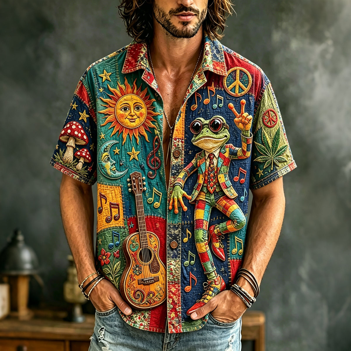 Men's Boho Frog Music Patchwork Psychedelic Peace & Sun Moon Art Print Casual Shirt