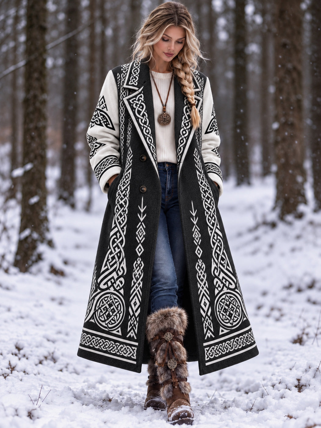 Women's  Vintage Celtic Knot Art Print Warm Wool-blend Coat