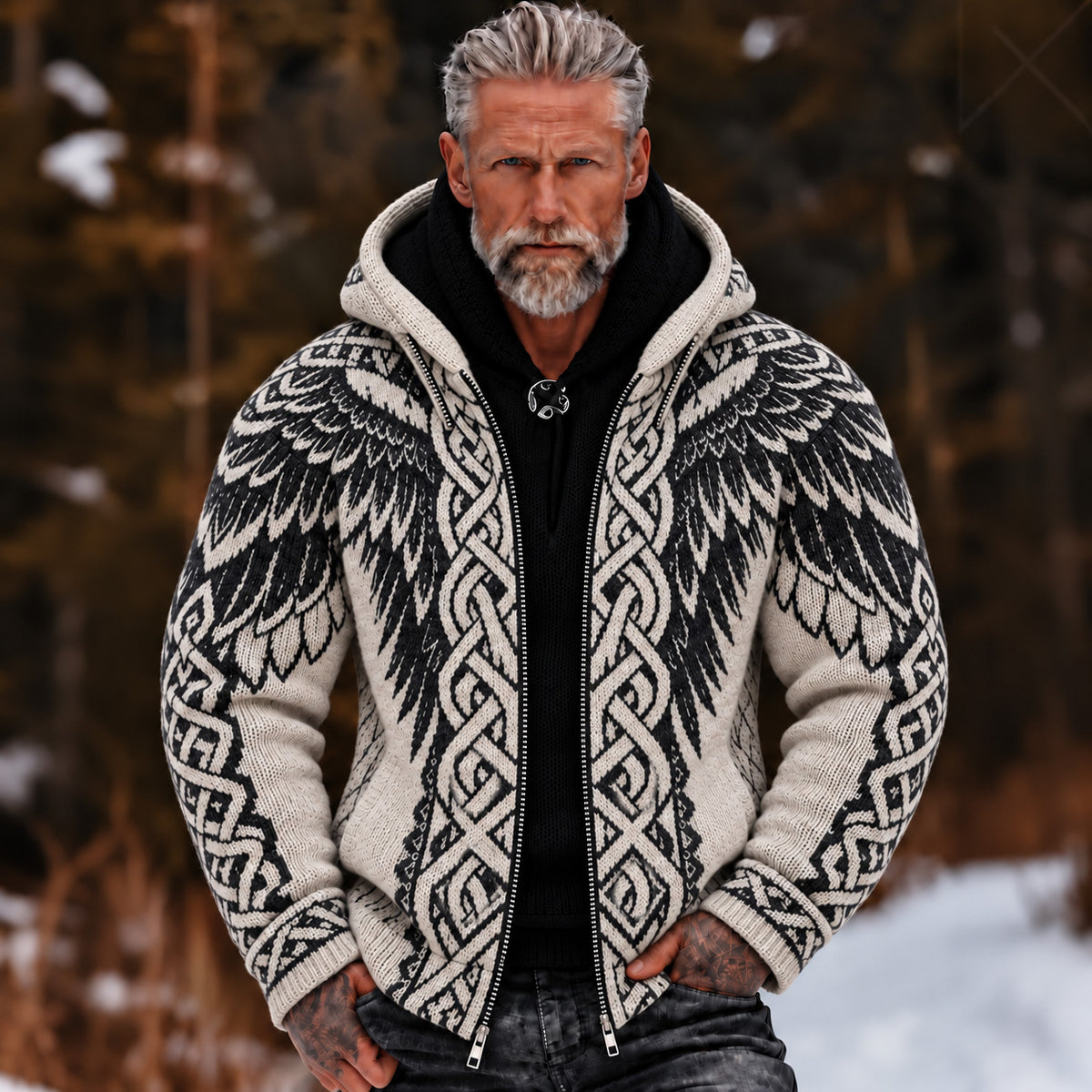 Men's Retro Viking Wings Pattern Art Zip-up Cozy Hooded Sweater