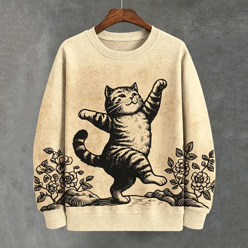 Men's Dancing Tabby Cat Vintage Woodblock Vintage Art Sweatshirt