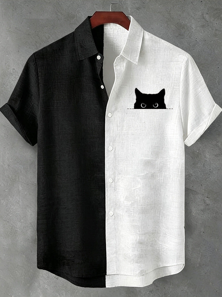 Men's Vintage Peeping Black Cat Art Color-block Casual Short-sleeved Shirt