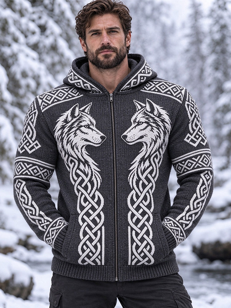 Men's Retro Viking Celtic Wolf Art Zip-up Cozy Hooded Sweater