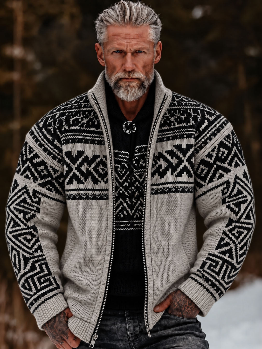 Men's Vintage Geometry Art Collar Zip-up Jacket