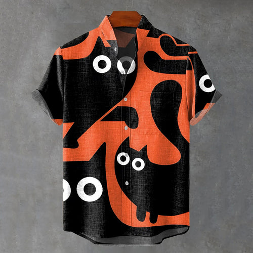 Men's Fun Cat Print Casual Linen Blend Short-sleeve Shirt