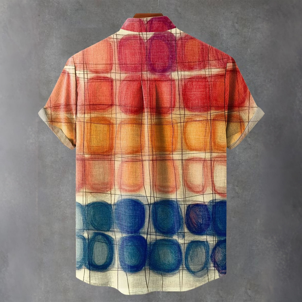 Men's Vintage Geometric Color Blocking Pattern Design Linen Blend Short-sleeve Shirt