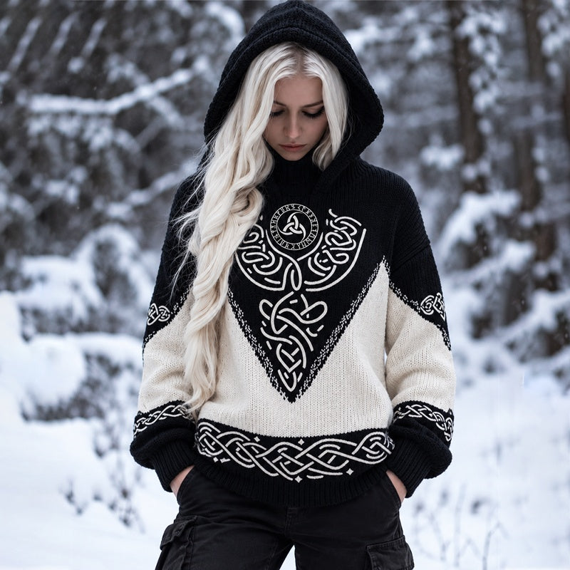 Women's Retro Viking Nordic Colorblock Knot Print Hoodie Sweater