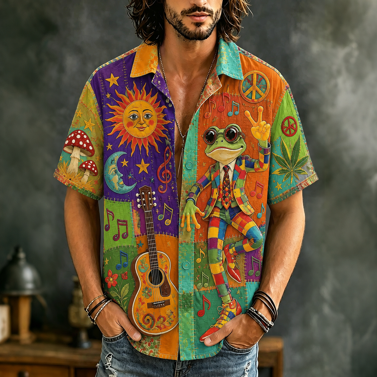 Men's Boho Frog Music Patchwork Psychedelic Peace & Sun Moon Art Print Casual Shirt