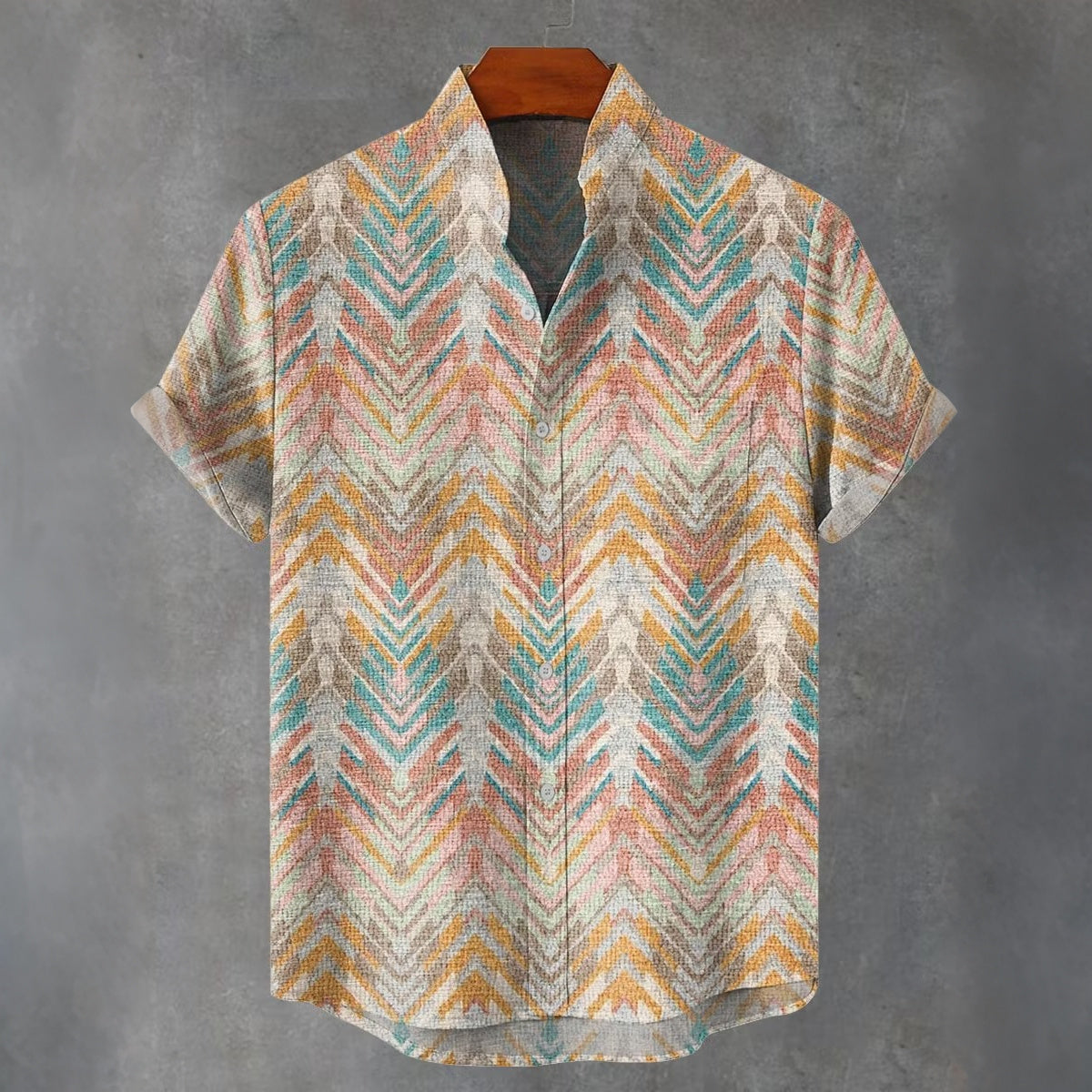 Men's Retro Hippie Rainbow Abstract Geometric Wave Stripes Print Casual Cotton And Linen Shirt