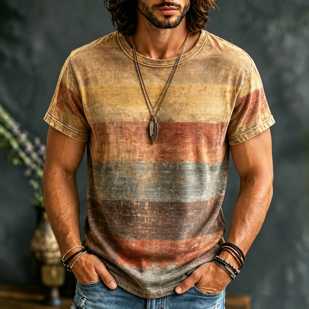 Vintage Horizontal Stripe Color Block Printed T-shirt