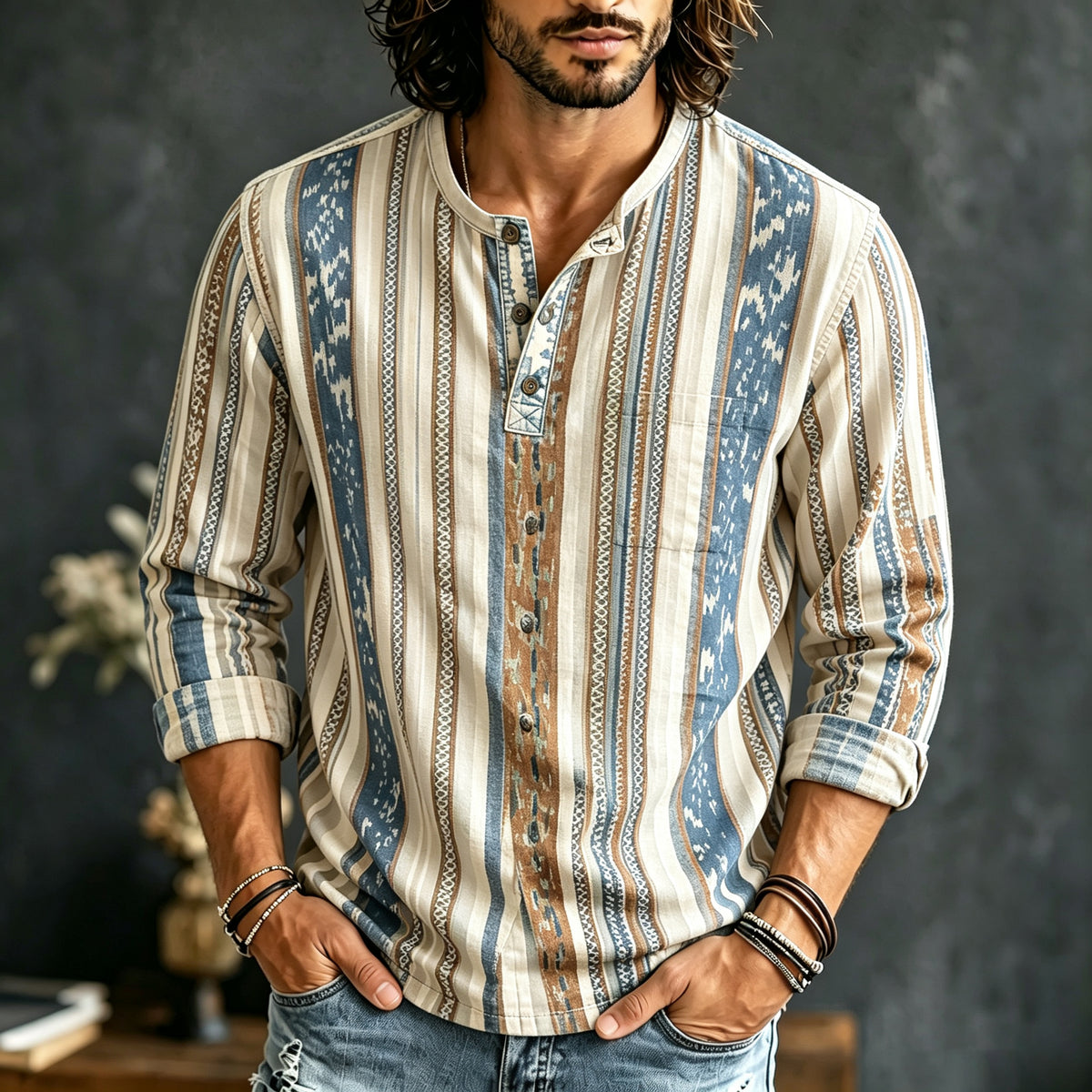 Men's Ethnic Retro Striped Print Long-sleeved Cotton Linen Top