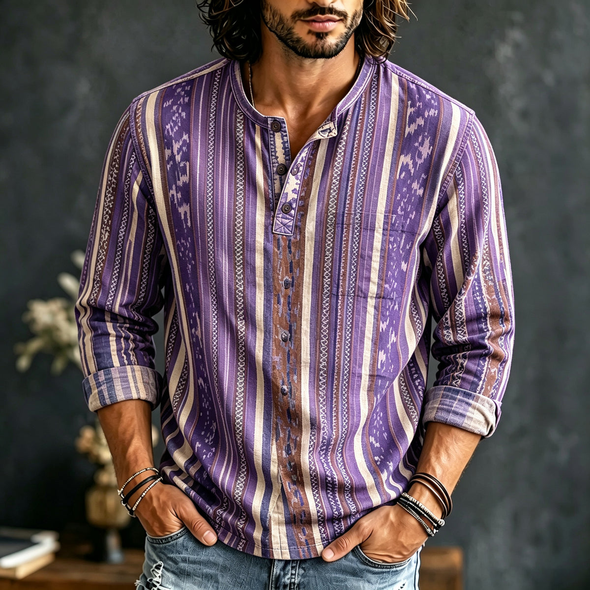 Men's Ethnic Retro Striped Print Long-sleeved Cotton Linen Top