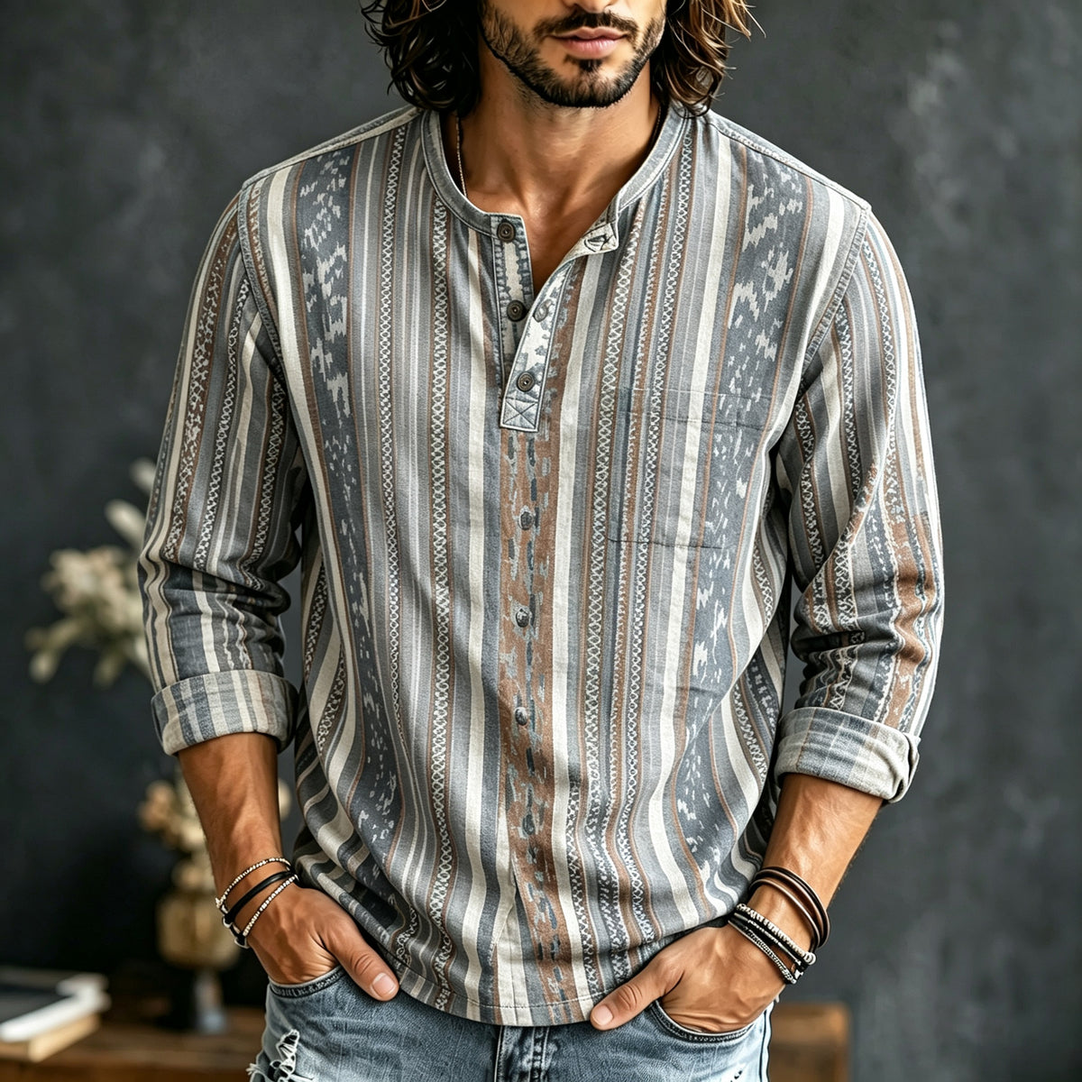 Men's Ethnic Retro Striped Print Long-sleeved Cotton Linen Top