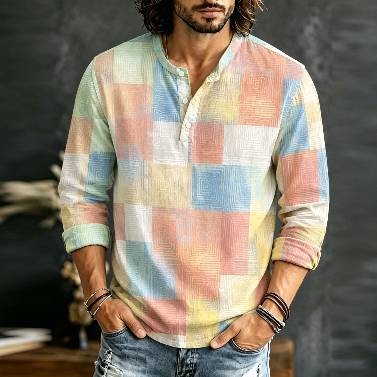 Men's Vintage Geometric Block Art Print Long Sleeve Comfortable Top