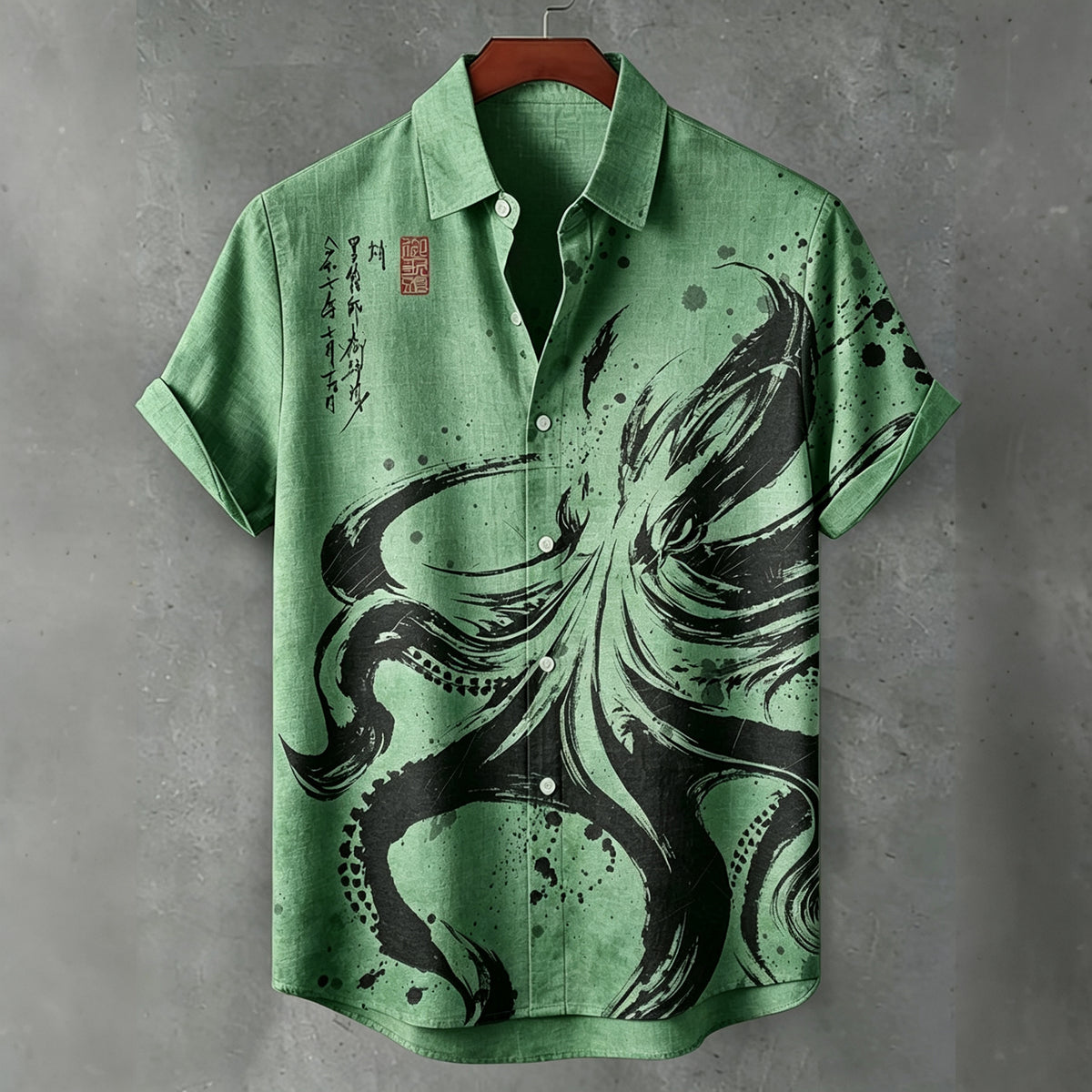 Men's Retro Japanese Octopus And Calligraphy Ink Art Pattern Casual Shirt