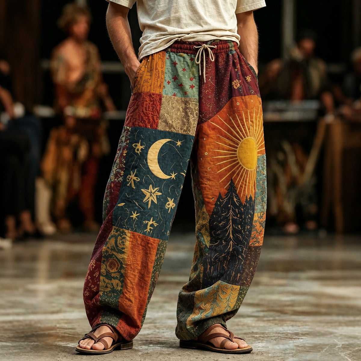 Men's Boho Sun And Moon Hippie Patchwork Art Print Loose Drawstring Waist Pants