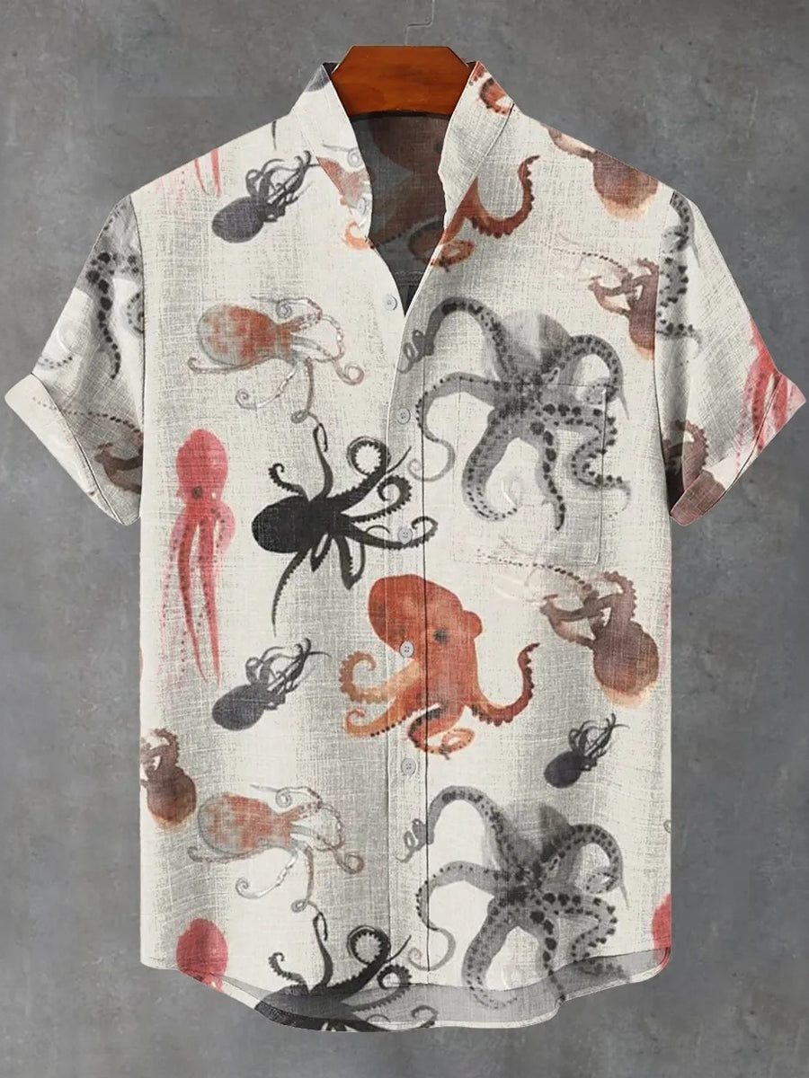 Watercolor Small Octopus Vintage Print Casual Shirt