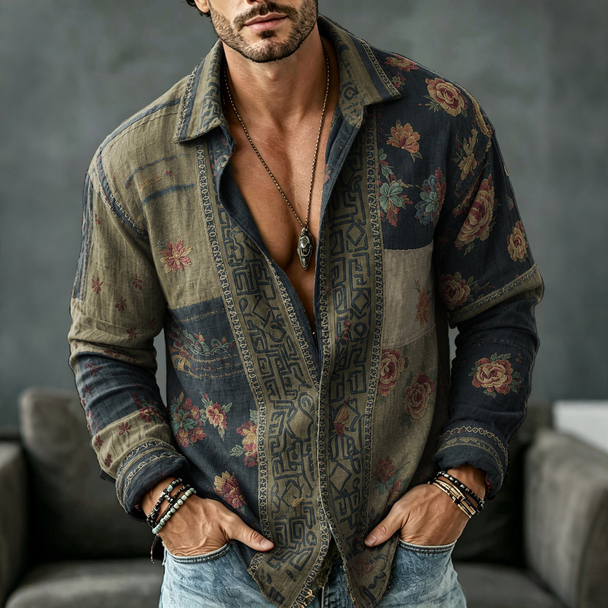 Men's Vintage Floral  Patchwork Printed Art Print Flowy Linen Blend Casual Shirt