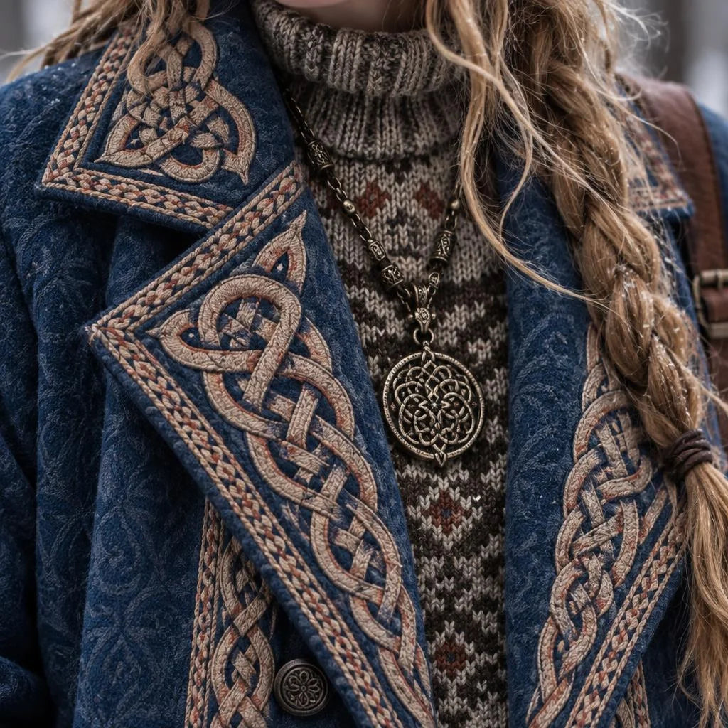 Women's Retro Viking Geometry Celtic Knot Pattern Art Cozy Coat