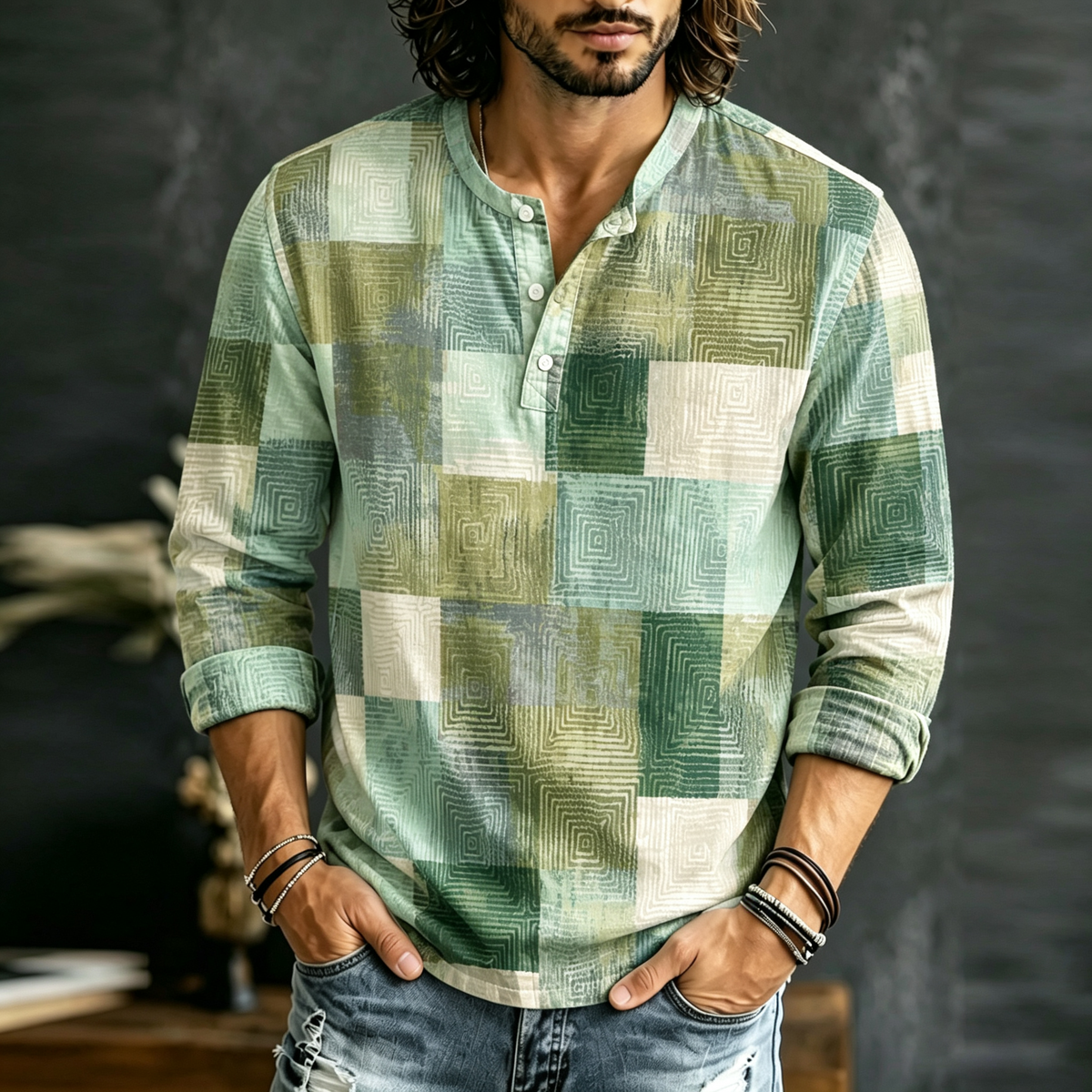 Men's Vintage Geometric Block Art Print Long Sleeve Comfortable Top