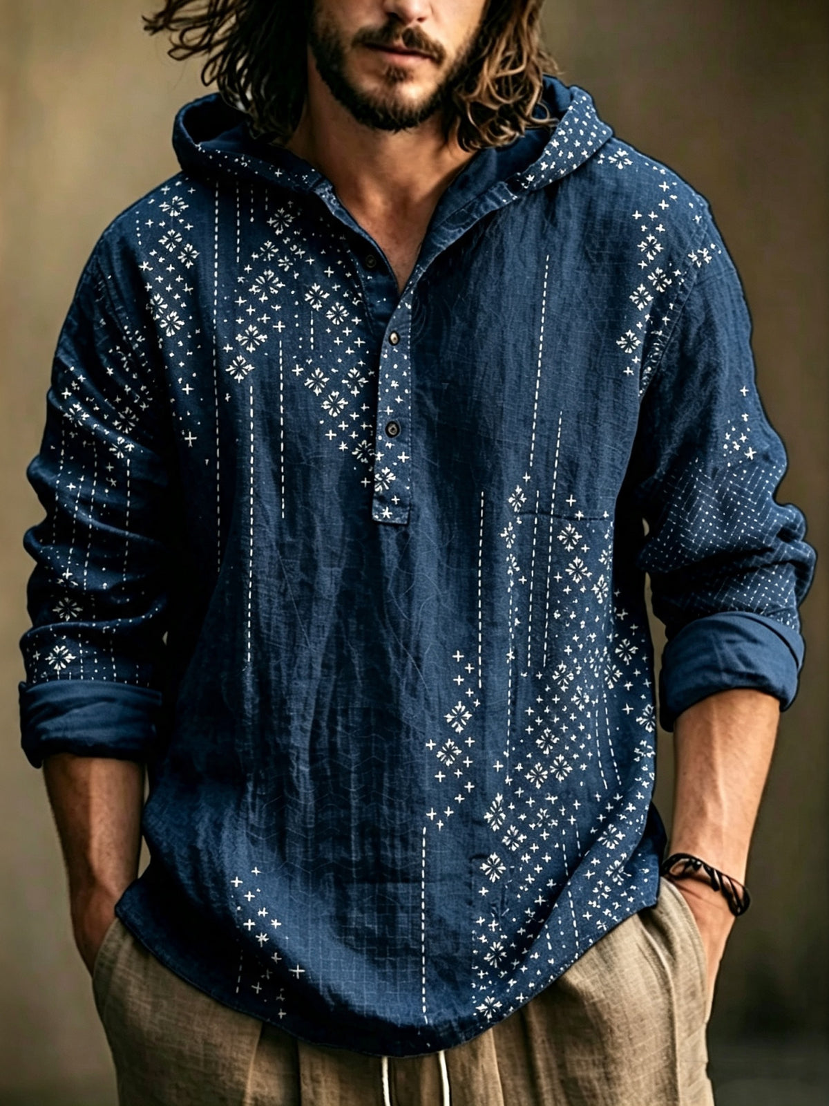 Men's Vacation Retro Printed Cotton Linen Hoodie