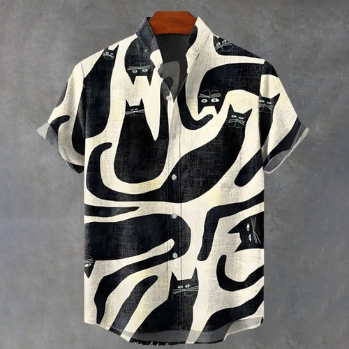 Men's Fun Cat Print Casual Linen Blend Short-sleeve Shirt