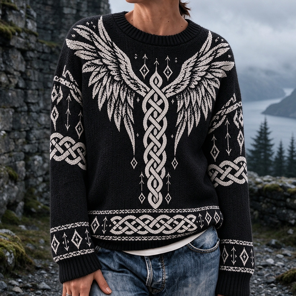 Women's Viking Wing And Celtic Knot Pattern Crewneck Knit Sweater
