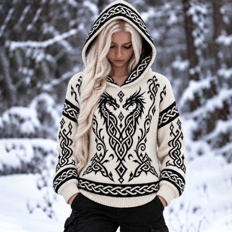 Women's Nordic Celtic Knot Dragon Pattern Loose Hoodie Long-sleeve Knit Pullover