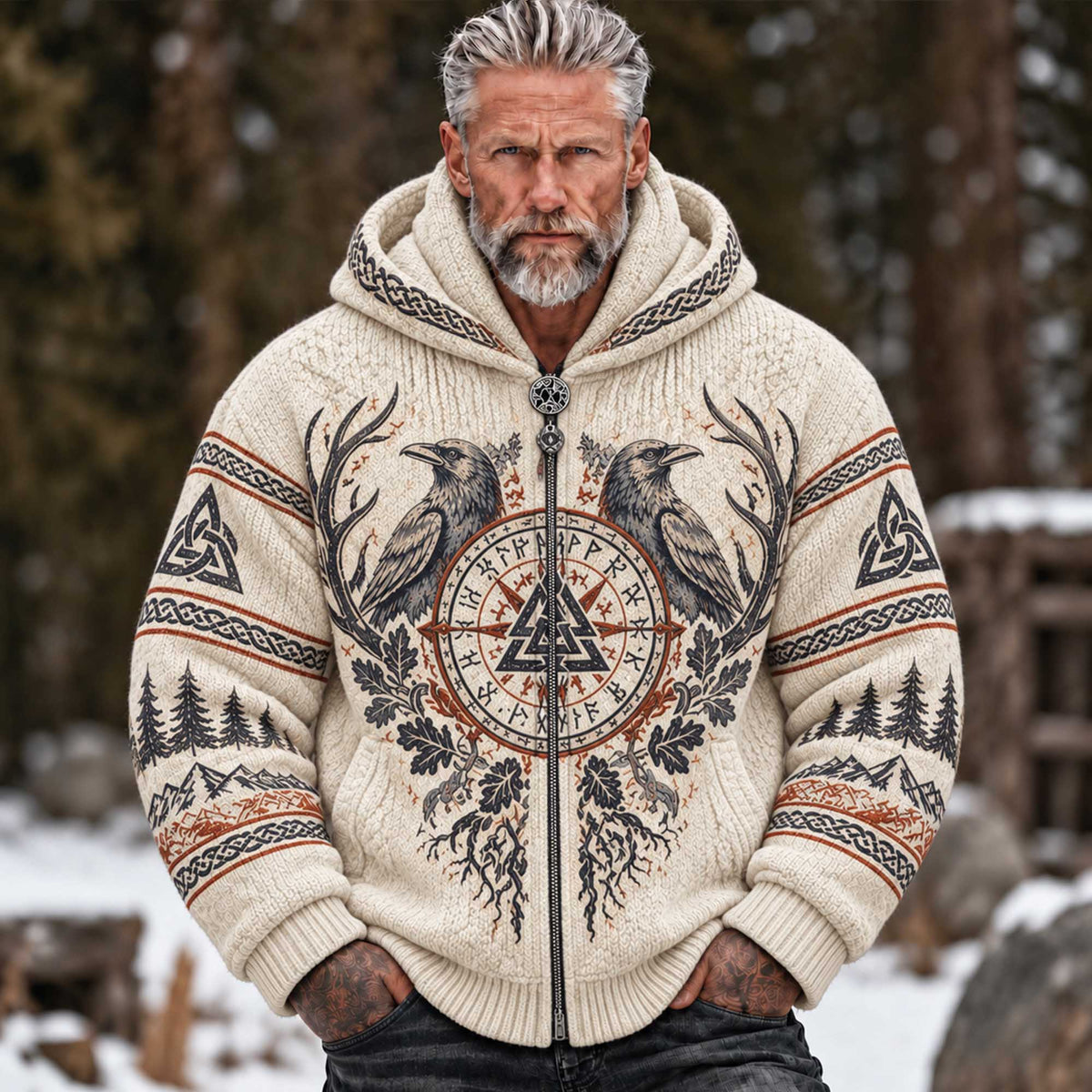 Men's Vintage Viking Norse Compass Raven Celtic Oak Leaf Mountain Graphic Winter Sweater