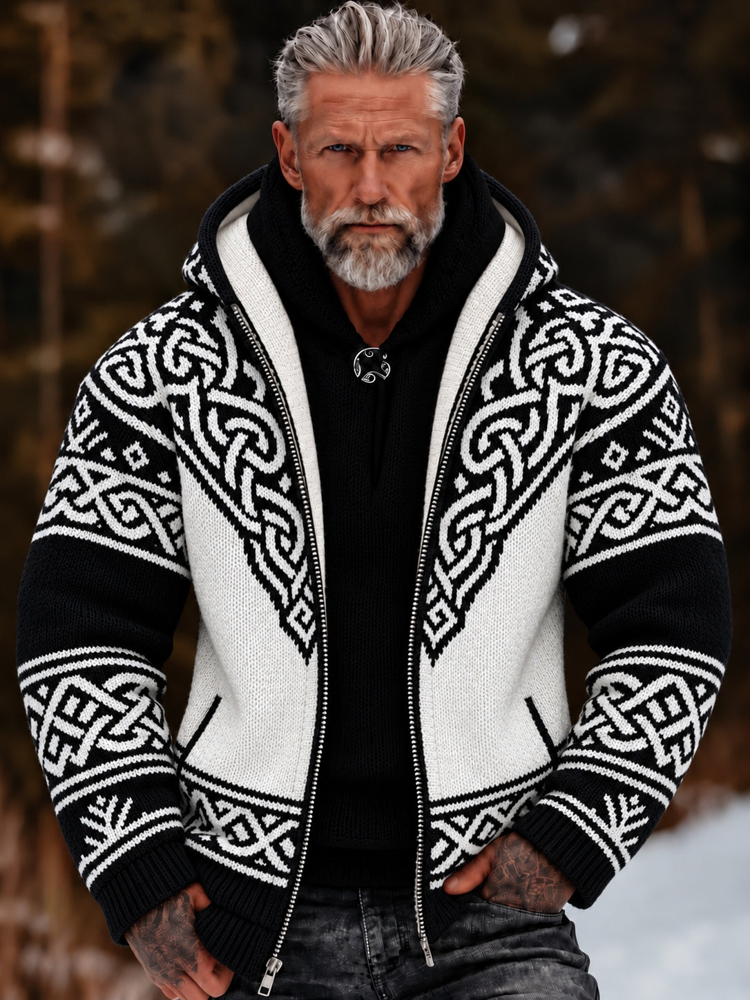 Men's Vintage Celtic Knot Art Print Cozy Warm Zipper Hooded Sweater