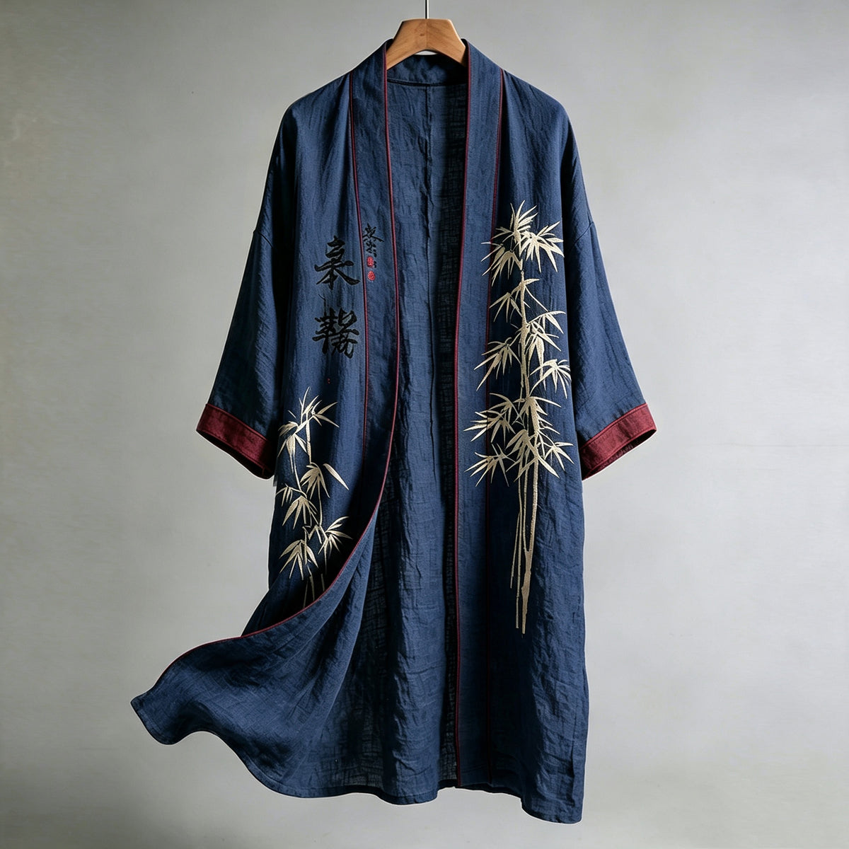 Retro Japanese Bamboo Art Pattern Casual Linen Long Kimono Cardigan