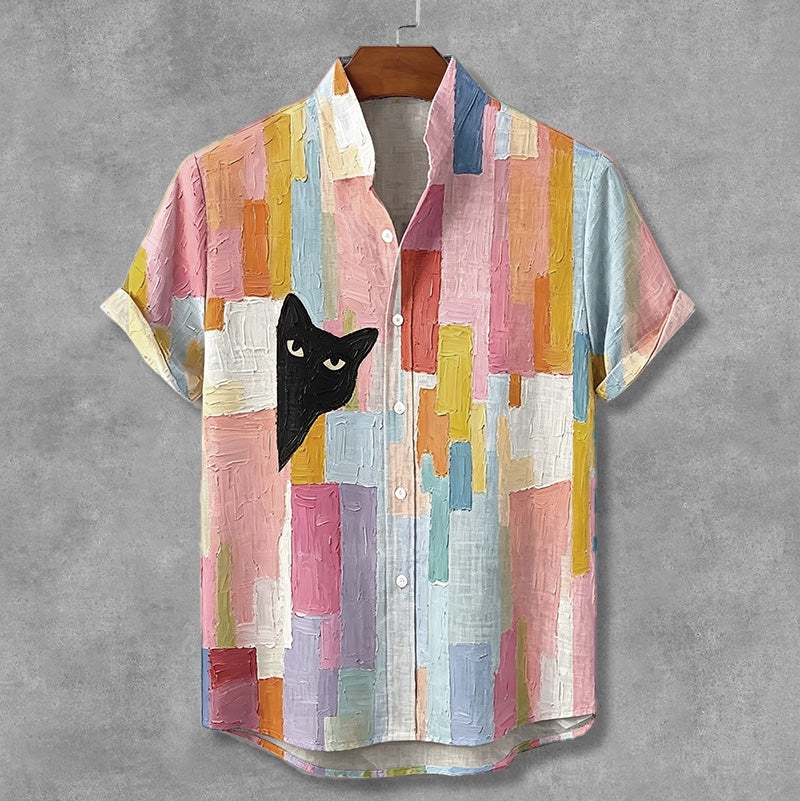 Men's Vintage Peeking Black Cat Contrast Oil Painting Art Casual Shirt