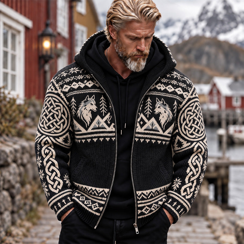 Men's Retro Vintage Celtic Knot And Wolf Print Zip-up Hooded Sweater