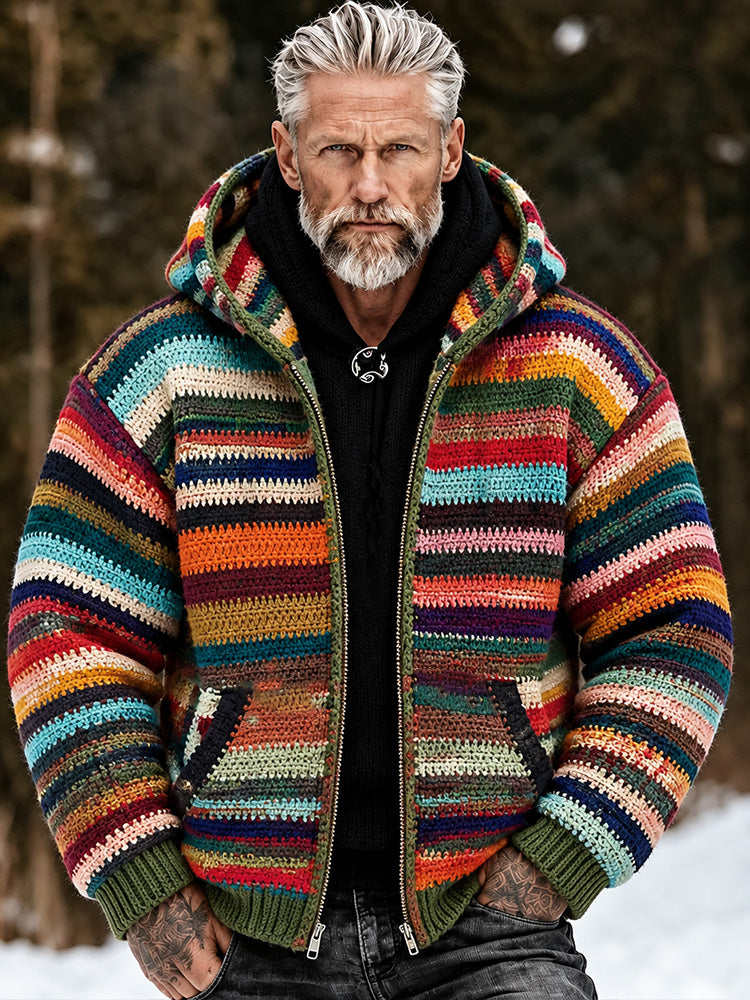 Men's Vintage Colorful Geometric Stripe Art Warm Knit Zip-up Hoodie Sweater