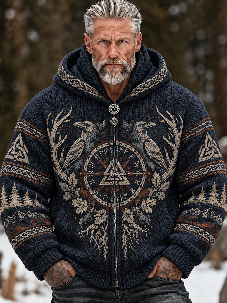 Men's Vintage Viking Norse Compass Raven Celtic Oak Leaf Mountain Graphic Winter Sweater