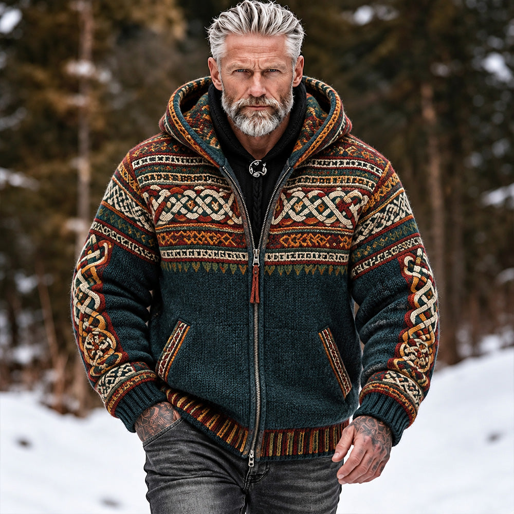 Men's Vintage Celtic Knot Ethnic Art Warm Zip-up Hoodie Sweater