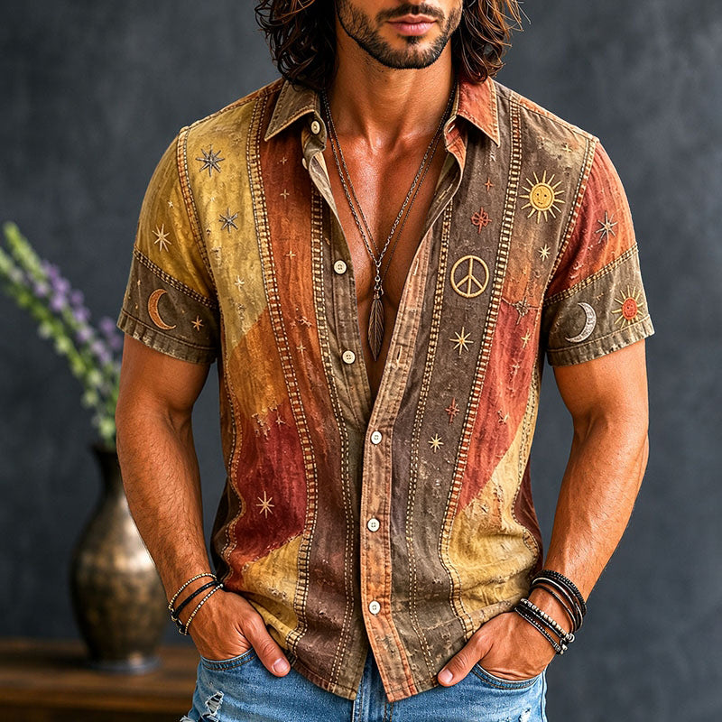 Men's Vintage Patchwork Peace Sign Sun Moon Star Art Print Cotton Linen Shirt