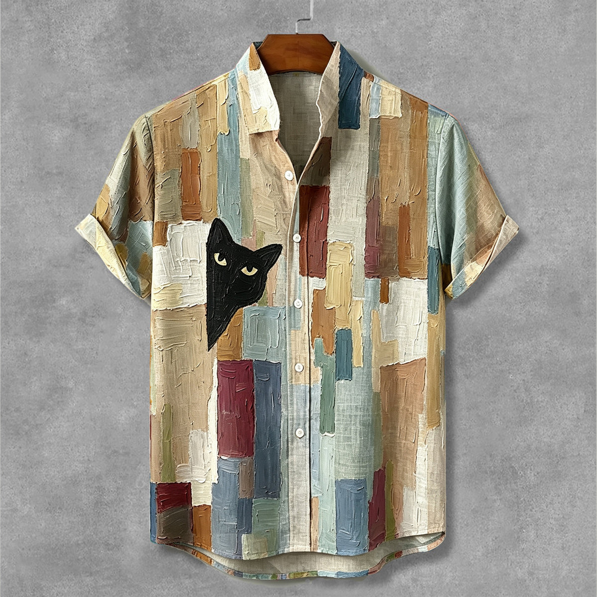 Men's Vintage Peeking Black Cat Contrast Oil Painting Art Casual Shirt