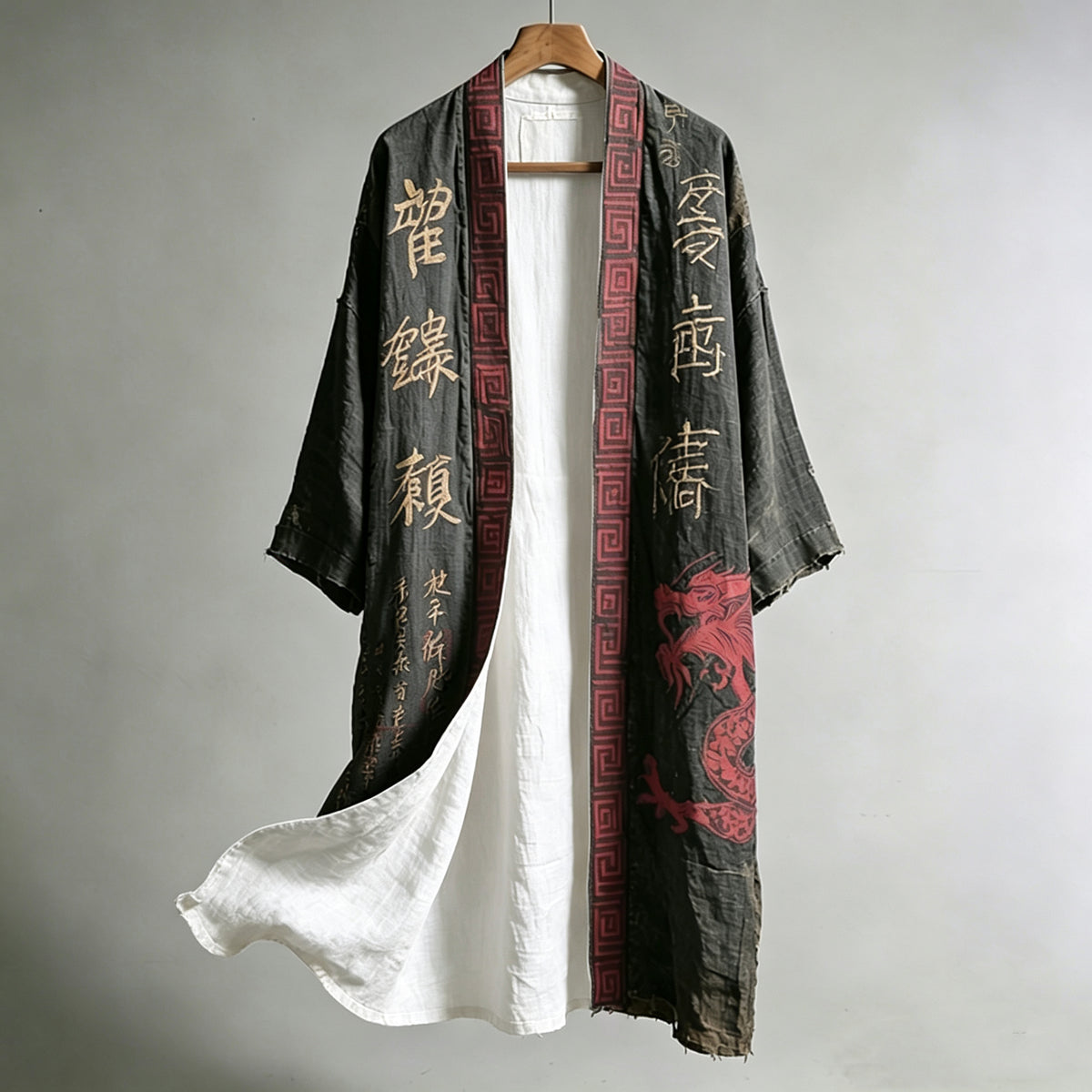 Men's Japanese Dragon Pattern Calligraphy And Painting Art Linen Long Kimono